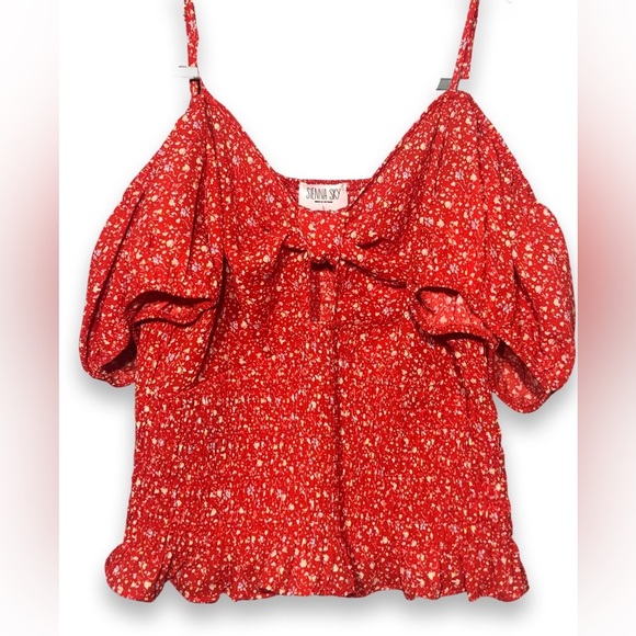 NWT Sienna Sky Puff Sleeve Off The Shoulder/Spaghetti Straps Blouse With Ruching - Picture 9 of 9